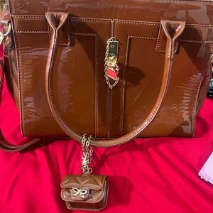 Brown Patent Tote Bag with Mini Charm